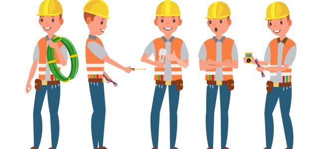 Electrician Vector. Different Poses. Working Process. Flat Cartoon Illustration